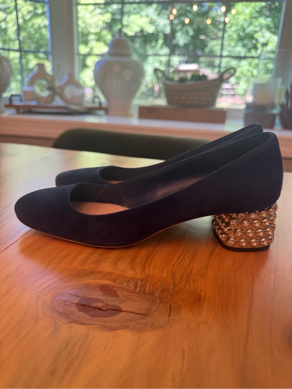 Miu Miu Navy Suede Crystal Block Heel Pumps